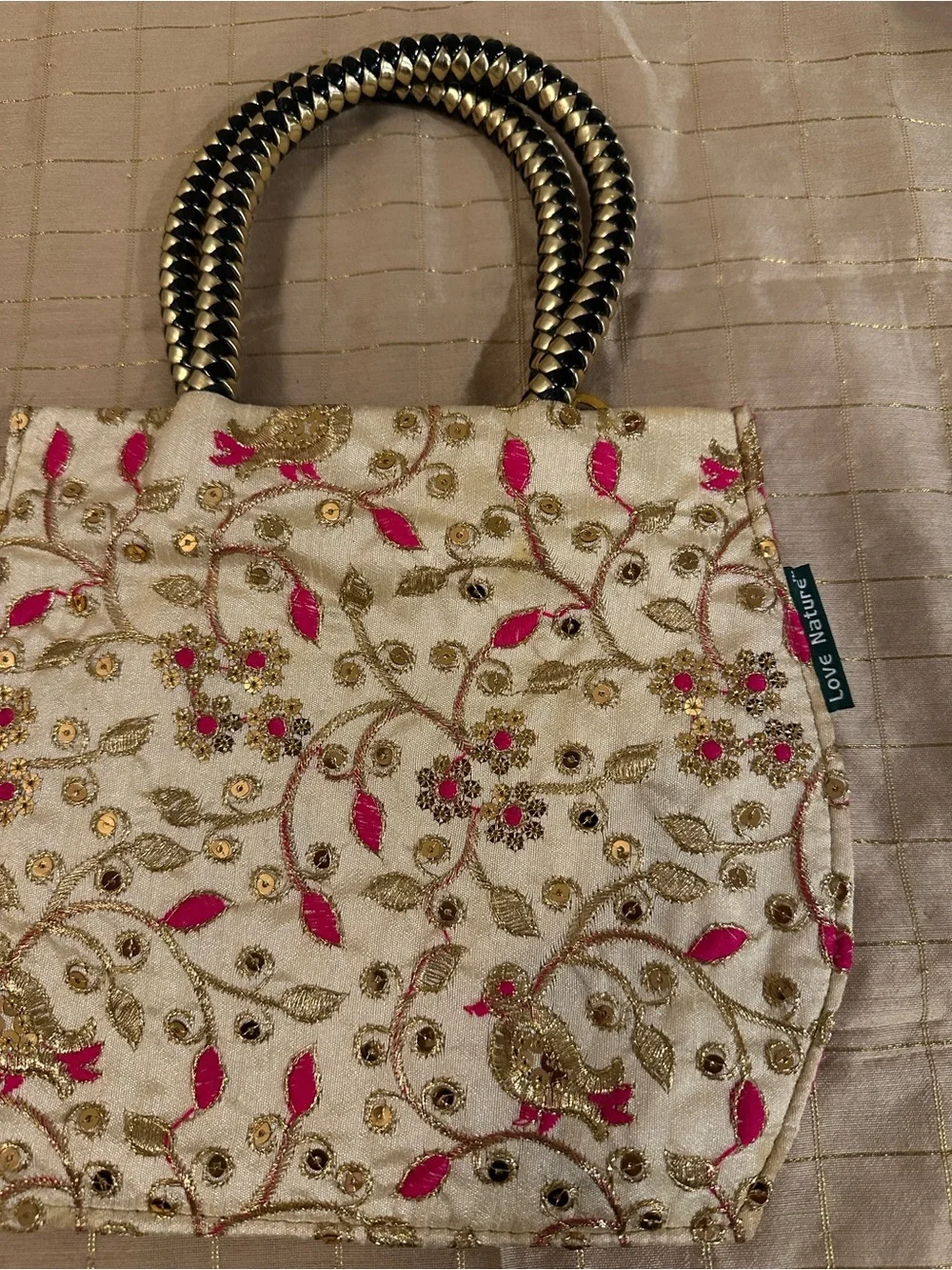 Handcrafted Indian Evening Bag – Hot Pink Zari Embroidery, Bird Motif, Braided H